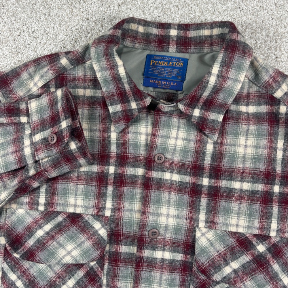 Pendleton Board Shirt Mens M Red Grey Plaid Wool Flannel Made in USA 01519